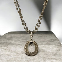 Load image into Gallery viewer, Necklace, Antique Hunt Original Design, Stunning White Bronze Horse Shoe cast from an 1800’s Horse Shoe Brooch, set in Sterling Silver, on Three Strands of Iridescent Labradorite Chain