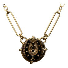 Load image into Gallery viewer, Necklace, Antique Hunt Designs, Antique Gilded Glass Horse Shoe & Hoof Button, set in Bronze on Gold-plated Chain, 18”