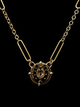 Load image into Gallery viewer, Necklace, Antique Hunt Designs, Antique Gilded Glass Horse Shoe & Hoof Button, set in Bronze on Gold-plated Chain, 18”