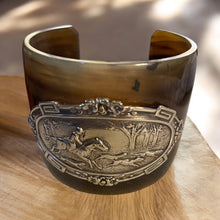 Load image into Gallery viewer, Bracelet, Antique Hunt Designs White Bronze Hunt Scene Hand Riveted to Natural Horn Cuff, Sz SM-MED
