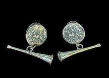 Load image into Gallery viewer, Earrings, AH Designs “Tally Ho!” Hunt Scene Disc Post Earrings w Hunt Horns in Sterling (also available in Bronze)