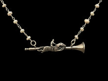 Load image into Gallery viewer, Necklace, Antique Hunt Designs Sterling Pendant, “Call to the Races!” Cast from Antique Brooch, set on Natural Pearl Rosary Style Chain, 15”