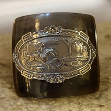 Load image into Gallery viewer, Bracelet, Antique Hunt Designs White Bronze Hunt Scene Hand Riveted to Natural Horn Cuff, Sz SM-MED