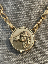 Load image into Gallery viewer, Necklace, Antique Hunt Designs Lost Wax Cast Bronze “Grecian” Horse Medallion, set in Bronze, on 16” Gold-Plated Chain w Vintage Watch Clasp