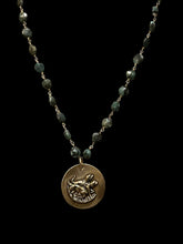 Load image into Gallery viewer, Necklace, Antique Hunt Designs, Cast Bronze Medallion, “Pharaoh’s Horses”, on Raw Emerald Chain, 18”