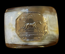 Load image into Gallery viewer, Bracelet, Antique Hunt Designs, Yellow Bronze “Gand” Medal Hand Riveted to Natural Horn Cuff, Sz SM-MED