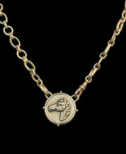 Load image into Gallery viewer, Necklace, Antique Hunt Designs Lost Wax Cast Bronze “Grecian” Horse Medallion, set in Bronze, on 16” Gold-Plated Chain w Vintage Watch Clasp