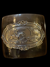 Load image into Gallery viewer, Bracelet, Antique Hunt Designs White Bronze Hunt Scene Hand Riveted to Natural Horn Cuff, Sz SM-MED