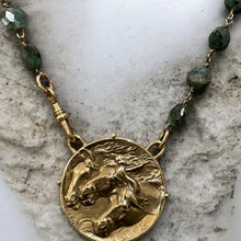 Load image into Gallery viewer, Necklace, Antique Hunt Designs, Cast Bronze Medallion, “Pharaoh’s Horses”, on Raw Emerald Chain, 18”