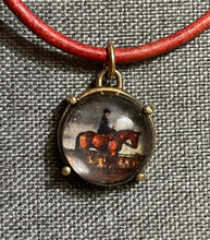 Load image into Gallery viewer, Necklace, Hunt Lady Picture Button Pendant on Red Leather Necklace w Bronze Clasp