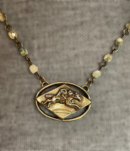 Load image into Gallery viewer, Necklace, Bronze Racehorse Pendant on Green Shades Czech Glass Rosary Style Chain, 16”, Antique Hunt Designs