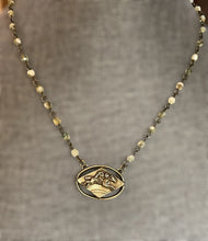 Load image into Gallery viewer, Necklace, Bronze Racehorse Pendant on Green Shades Czech Glass Rosary Style Chain, 16”, Antique Hunt Designs