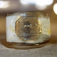 Load image into Gallery viewer, Bracelet, Antique Hunt Designs, Yellow Bronze “Gand” Medal Hand Riveted to Natural Horn Cuff, Sz SM-MED