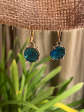 Load image into Gallery viewer, Earrings, Petite Caribbean Blue Antique Pressed Glass Buttons, set in Bronze Bezels, on Gold-filled Earwires