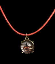 Load image into Gallery viewer, Necklace, Hunt Lady Picture Button Pendant on Red Leather Necklace w Bronze Clasp
