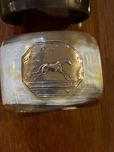 Load image into Gallery viewer, Bracelet, Antique Hunt Designs, Yellow Bronze “Gand” Medal Hand Riveted to Natural Horn Cuff, Sz SM-MED