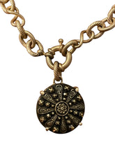 Load image into Gallery viewer, Bracelet, Antique Hunt Designs, Fabulous Art Deco Black & Gold Geometric Button, set in Bronze on Gold-Plated Chain, 8.25”