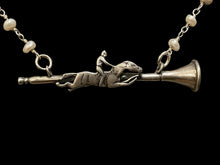 Load image into Gallery viewer, Necklace, Antique Hunt Designs Sterling Pendant, “Call to the Races!” Cast from Antique Brooch, set on Natural Pearl Rosary Style Chain, 15”