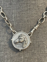 Load image into Gallery viewer, Necklace, Lost Wax Cast Sterling Silver “Grecian” Horse Medallion, set in Sterling, on 16” Silver-Plated chain with Sterling Watch Clasp