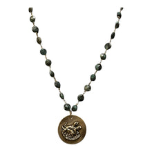 Load image into Gallery viewer, Necklace, Antique Hunt Designs, Cast Bronze Medallion, “Pharaoh’s Horses”, on Raw Emerald Chain, 18”
