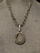 Load image into Gallery viewer, Necklace, Antique Hunt Original Design, Stunning White Bronze Horse Shoe cast from an 1800’s Horse Shoe Brooch, set in Sterling Silver, on Three Strands of Iridescent Labradorite Chain