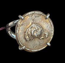 Load image into Gallery viewer, Ring, Large Fired Bronze Clay Hound Head Medallion, set in Sterling, Sz 7