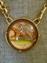 Load image into Gallery viewer, Necklace, Antique Bridle Rosette with Racehorse, on Gold-plated Watch Style Chain