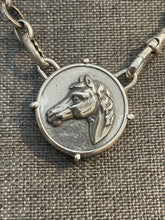 Load image into Gallery viewer, Necklace, Lost Wax Cast Sterling Silver “Grecian” Horse Medallion, set in Sterling, on 16” Silver-Plated chain with Sterling Watch Clasp