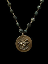 Load image into Gallery viewer, Necklace, “One & 1/2 Couple”, Cast in Bronze on Natural Emerald Rosary Style Chain, 20”