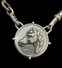 Load image into Gallery viewer, Necklace, Lost Wax Cast Sterling Silver “Grecian” Horse Medallion, set in Sterling, on 16” Silver-Plated chain with Sterling Watch Clasp