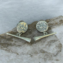 Load image into Gallery viewer, Earrings, AH Designs “Tally Ho!” Hunt Scene Disc Post Earrings w Hunt Horns in Sterling (also available in Bronze)