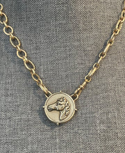Load image into Gallery viewer, Necklace, Antique Hunt Designs Lost Wax Cast Bronze “Grecian” Horse Medallion, set in Bronze, on 16” Gold-Plated Chain w Vintage Watch Clasp
