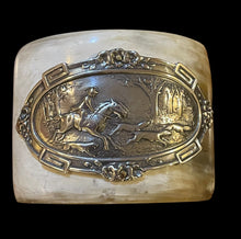 Load image into Gallery viewer, Bracelet, Antique Hunt Designs, Sterling Hunt Scene Hand Riveted to Natural Horn Cuff, Sz SM-MED