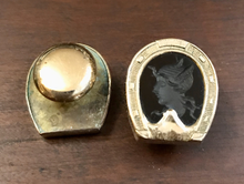Load image into Gallery viewer, Cufflinks, Gold Clad Horse Shoes With Carved Onyx, 1890-1940 era