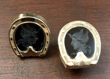 Load image into Gallery viewer, Cufflinks, Gold Clad Horse Shoes With Carved Onyx, 1890-1940 era