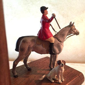 Bookends w detailed, hand painted, vintage Fox Hunt figures on wooden books