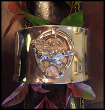Load image into Gallery viewer, Bracelet, AH designed: Vintage Sterling mid-cent modern cuff mounted w 19th c Sterling double horse head brooch