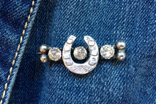 Load image into Gallery viewer, Stock Pin-Brooch, Mid 1800's Sterling horse shoe pin w "paste" diamonds, perfect for Dressage