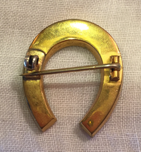 Load image into Gallery viewer, Brooch, horse shoe w "paste" glass "diamonds", gilded sterling silver, Dressage