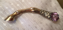 Load image into Gallery viewer, Brooch, Antique-Vintage horse leg pin w "paste" ameythyst & diamond stones, Dressage, Art Deco influence, gold wash over sterling