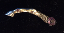 Load image into Gallery viewer, Brooch, Antique-Vintage horse leg pin w "paste" ameythyst & diamond stones, Dressage, Art Deco influence, gold wash over sterling