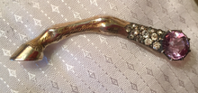 Load image into Gallery viewer, Brooch, Antique-Vintage horse leg pin w "paste" ameythyst & diamond stones, Dressage, Art Deco influence, gold wash over sterling