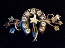 Load image into Gallery viewer, Stock pin-Brooch, Dressage Ring, Antique Sterling & 9 kt green & rose gold sweetheart horse shoe w "paste" glass diamonds