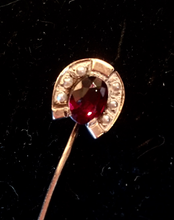 Load image into Gallery viewer, Stickpin, Antique gold, garnet & pearl horse shoe