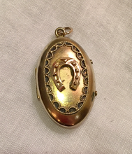Load image into Gallery viewer, Locket, Antique Gold plated locket w 9kt gold horse shoe on front