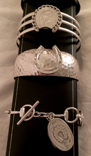Load image into Gallery viewer, Bracelet, AH designed, features a Victorian-Edwardian Sterling Horse Shoe Brooch on a Modern, Hammered Sterling Cuff