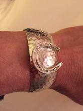 Load image into Gallery viewer, Bracelet, AH designed, features a Victorian-Edwardian Sterling Horse Shoe Brooch on a Modern, Hammered Sterling Cuff