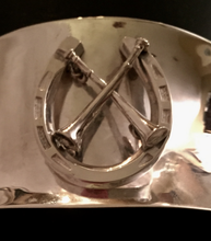 Load image into Gallery viewer, Bracelet, AH designed Horse Shoe & Hunting Horns 1900's era Brooch set on Wide Vintage Sterling Cuff