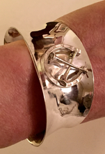 Load image into Gallery viewer, Bracelet, AH designed Horse Shoe & Hunting Horns 1900's era Brooch set on Wide Vintage Sterling Cuff