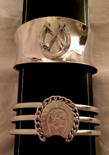 Load image into Gallery viewer, Bracelet, AH designed Horse Shoe & Hunting Horns 1900's era Brooch set on Wide Vintage Sterling Cuff